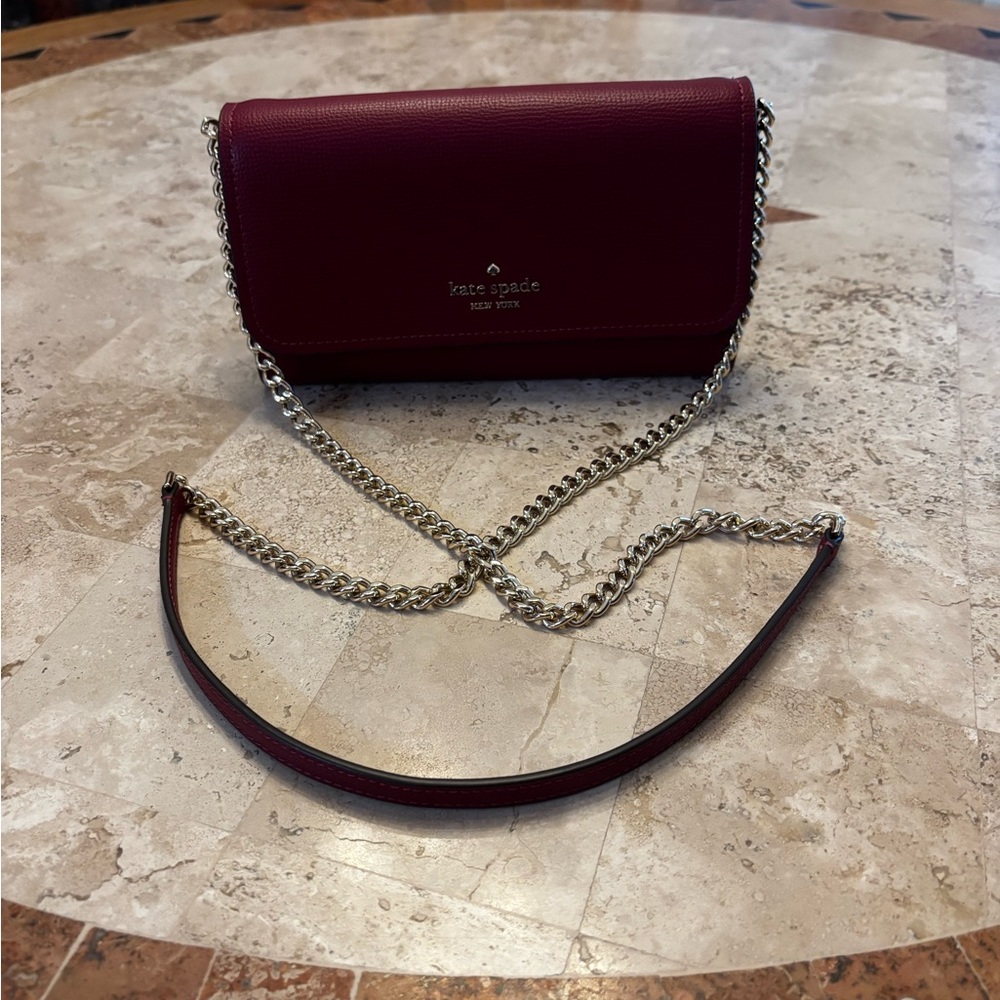 Kate Spade Red Pebbled Leather Wallet On Chain Gold Hardware